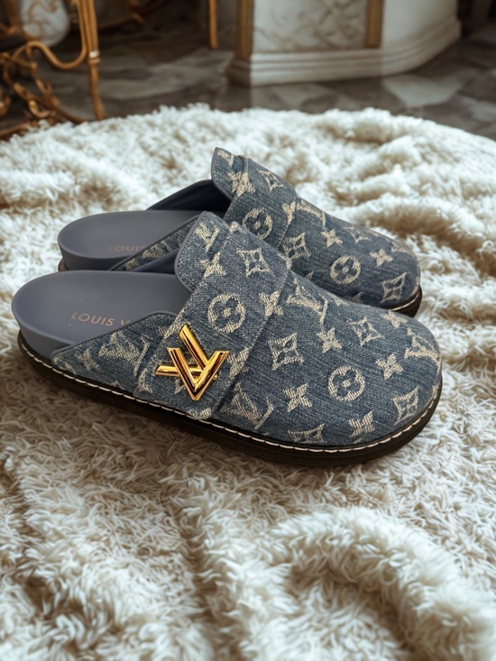 Louis Vuitton Shoes - Louis Vuitton Denim Monogram Slip-On Mules with Gold LV Emblem